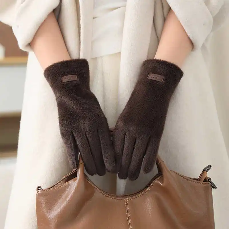Suede Imitation Mink Fur Gloves for Women Winter Touch Screen Gloves Outdoors Thermal Lined Cycling Gloves Warm Faux Fur Mittens