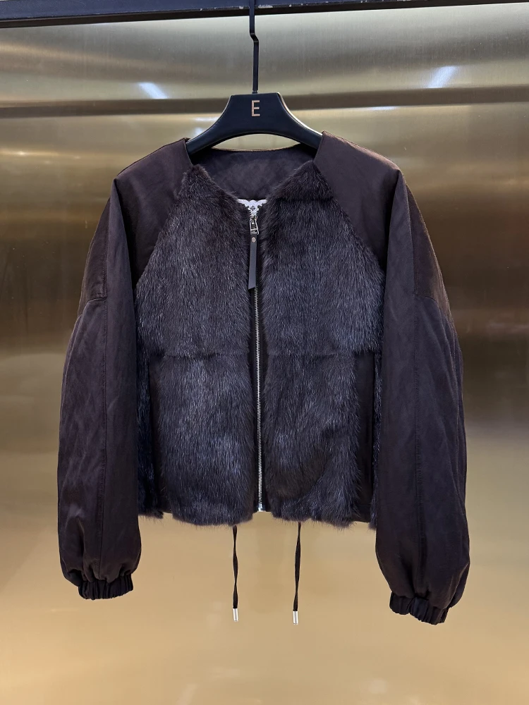 

Элитное зимнее модное пальто с круглым вырезом и длинными рукавами, с наполнителем из гусиного пуха и меха, женское, премиум-качество, из кожи, повседневное, короткое пальто