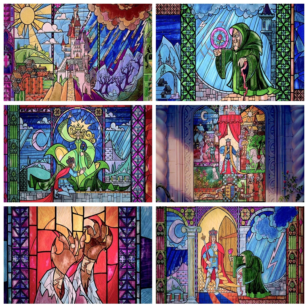 Disney-Kits de pintura de Arte de diamantes 5D DIY, La Bella y la bestia, vidriera, ventana, princesa Belle, mosaico bordado, punto de cruz