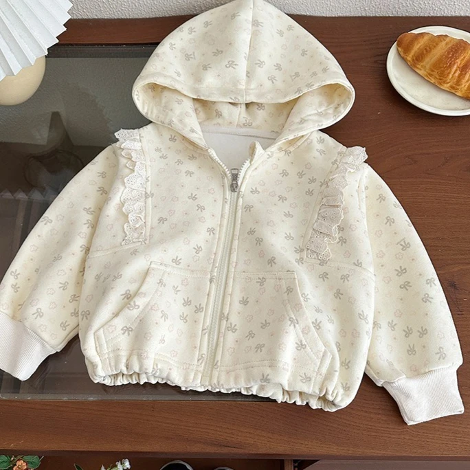 

Girls Coat 2025 Autumn New Children's Clothing Korean Style Girl Baby Fashionable Bow Printed Lace Hoodie Jacket Casual Simple
