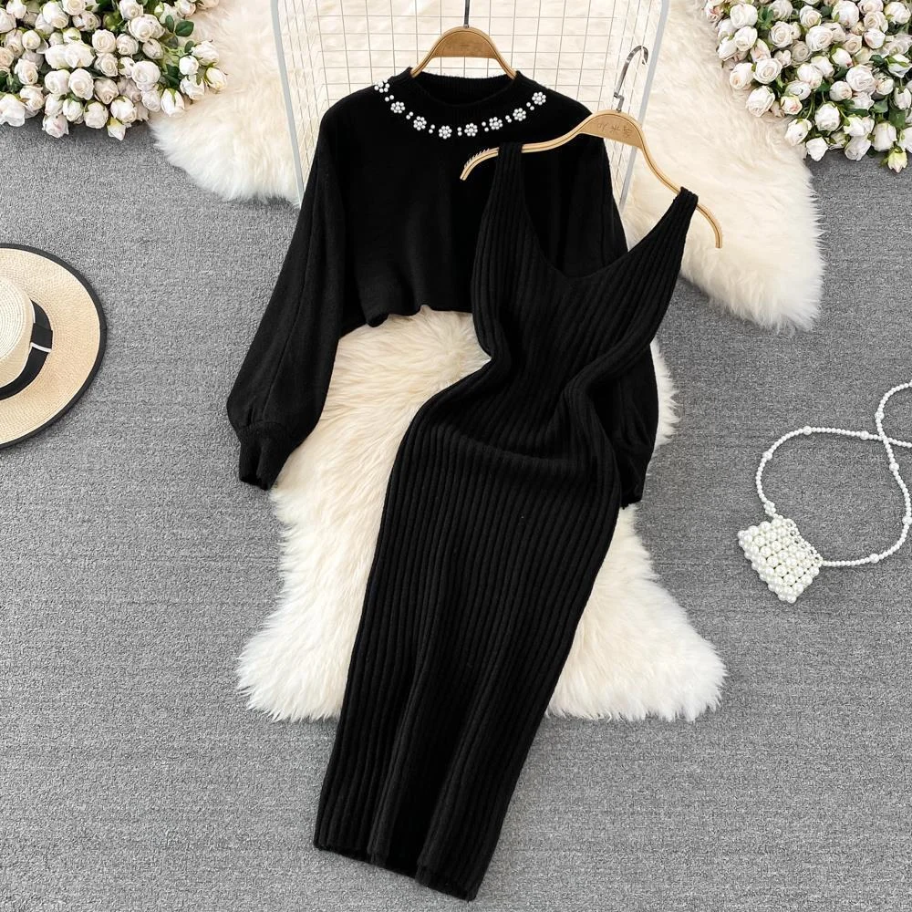 

2024 Eu Style Pearls Knitted Suits Winter O Neck Long Sleeves Pullover Strap Slim Bodycon Dress Female Elegant Striped Sweater