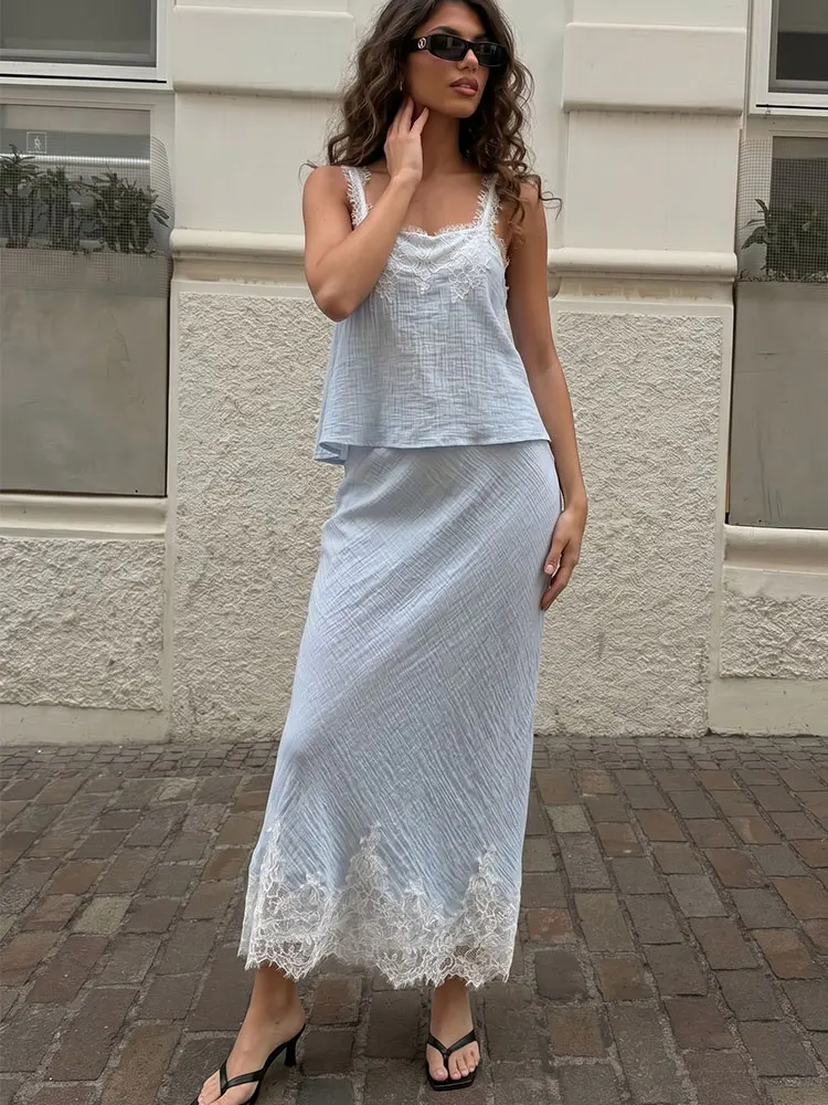 HH Women Elegant Blue Skirts Suits Lace Splicing Vest Cropped Cami Top High Waist Straight Long Skirt Summer Street 2 Piece Set