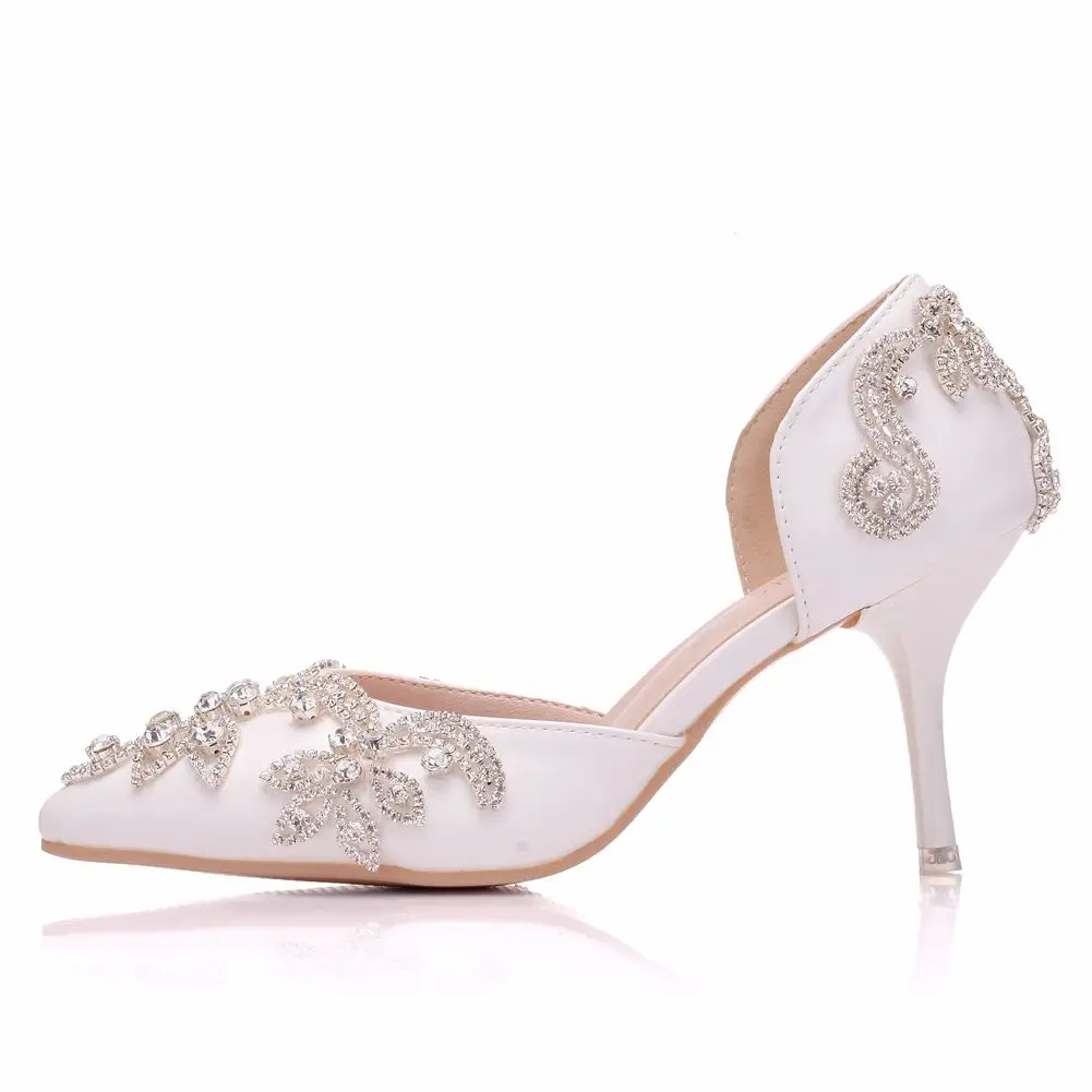 Crystal Queen White Custom Ponited Head Diamond Decorate Shallow PU Leather Elegant 7cm High Heel Sandals Bride Wedding Shoes