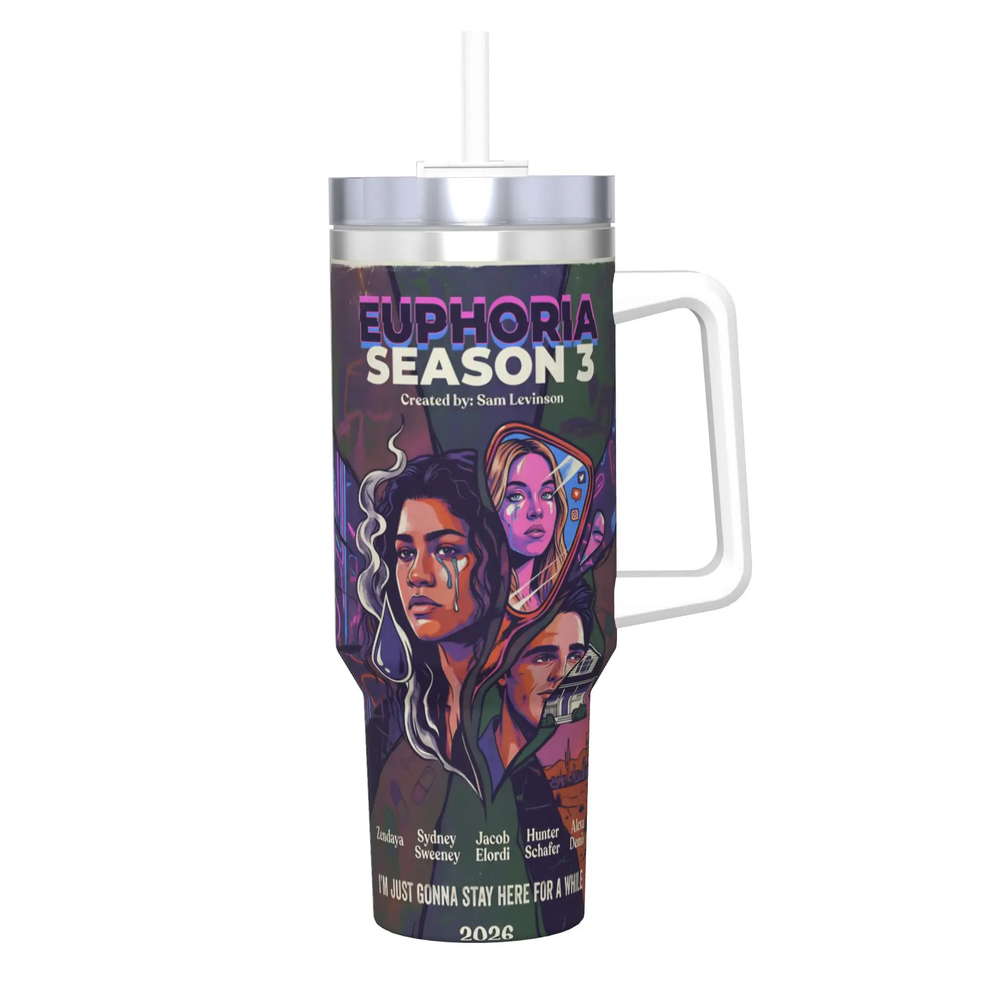 Euphorias Saison 3 – Gobelet isotherme avec pailles – Tasse thermique en acier inoxydable pour bureau et maison – Bouteille de 40 oz