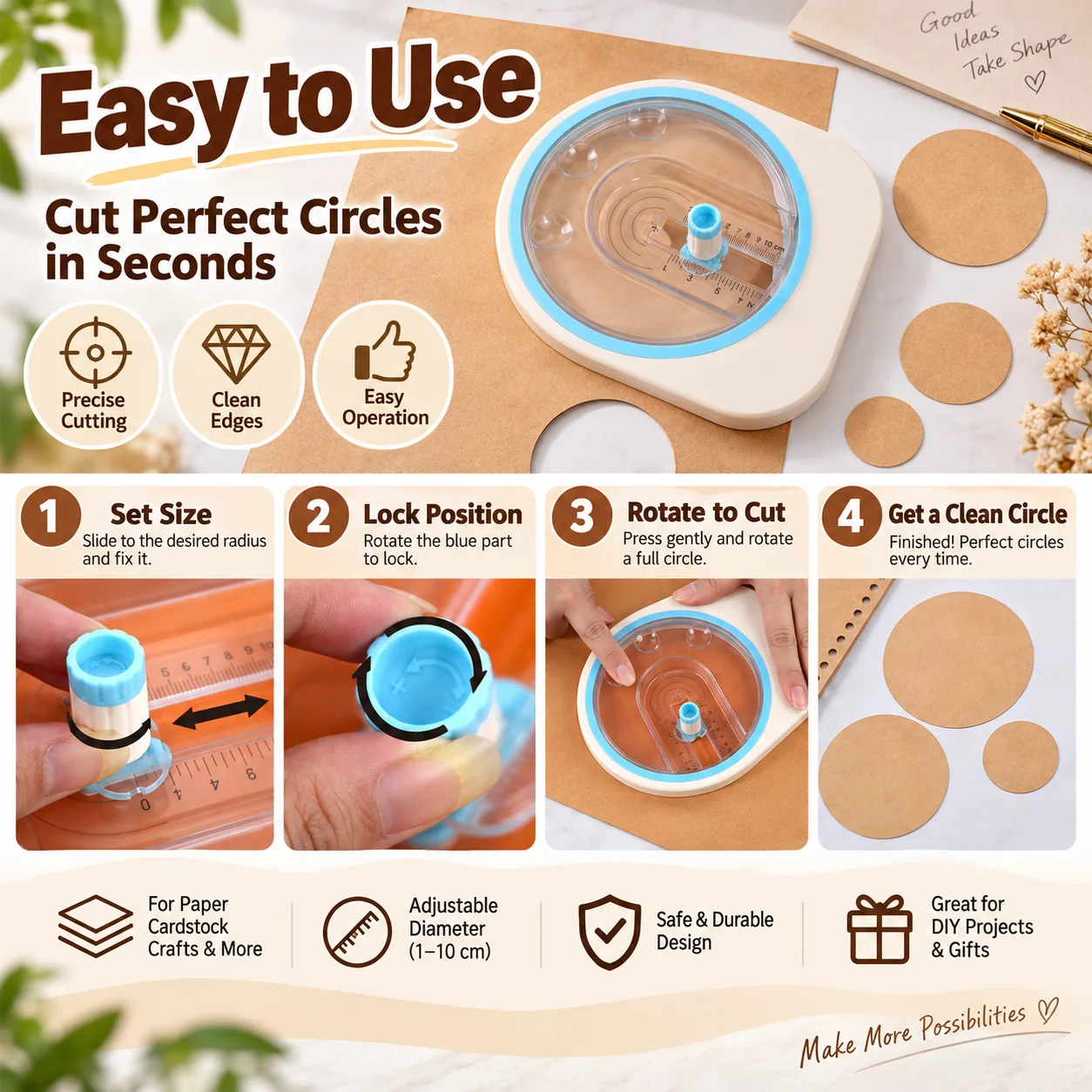 360 ° Drehbarer, kreisförmiger Papierschneider, in verschiedenen Größen verstellbar, ideal für DIY-Scrapbooking und Bastelarbeiten mit Karton. – Detail 3