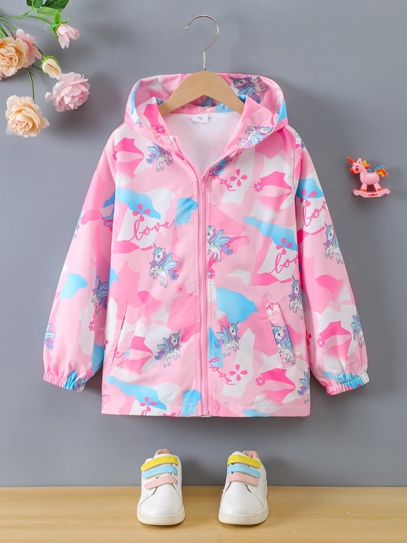 Girls' spring and autumn fashion digital print Garry cloth hooded zipper cardigan coat