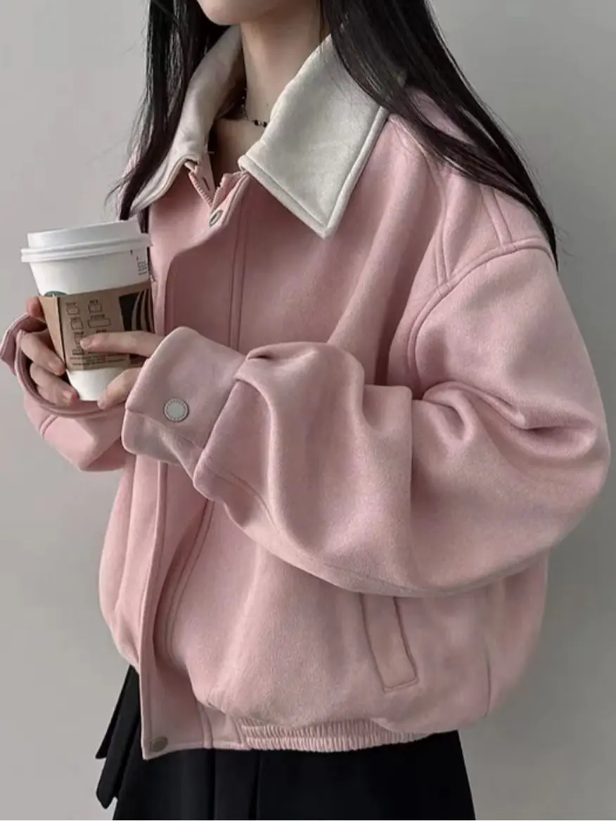 Autumn and Winter Long Sleeved Lazy Style Jacket, Women's Contrasting Color Lapel Loose Casual Baseball Jacket