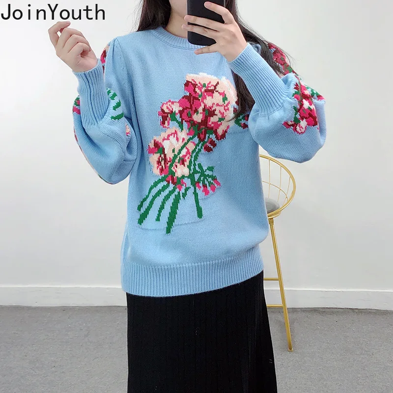 2023 Sueter Mujer Knitwear Pullovers Women Clothing O-neck Puff Sleeve Floral Jumper Vintage Knitted Sweater Tops Pull Femme