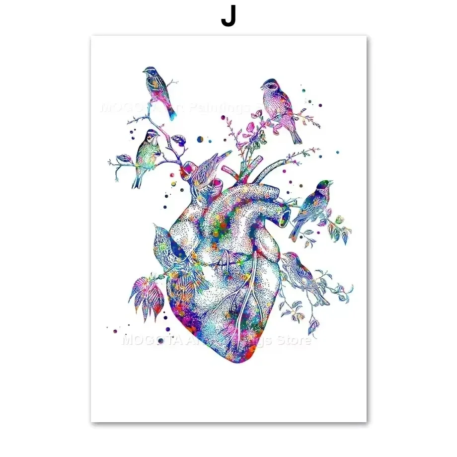 ألوان مائية زهرة القلب الدماغ الرئة الأضلاع DNA الجهاز تشريح المشارك الطبية طباعة جدار الفن قماش اللوحة صورة لعيادة ديكور