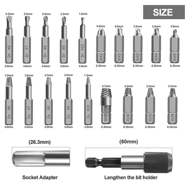 22Pcs Screw Extractor, Extractor Drill Set, Broken Screw Extraction Kit for Rusted Screw Nuts, Nail Bolts, Mini Repair Tool