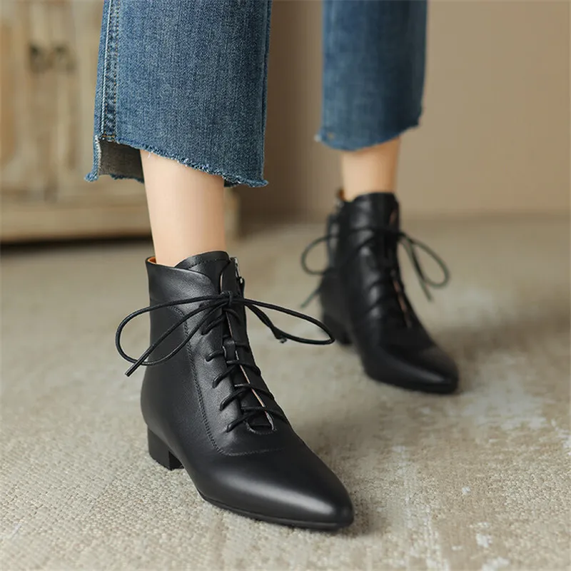 2023 New Winter Genuine Leather Women Boots Pointed Toe Chunky Heel Boots for Women Low Heels Short Boots Concise Ladies Shoes