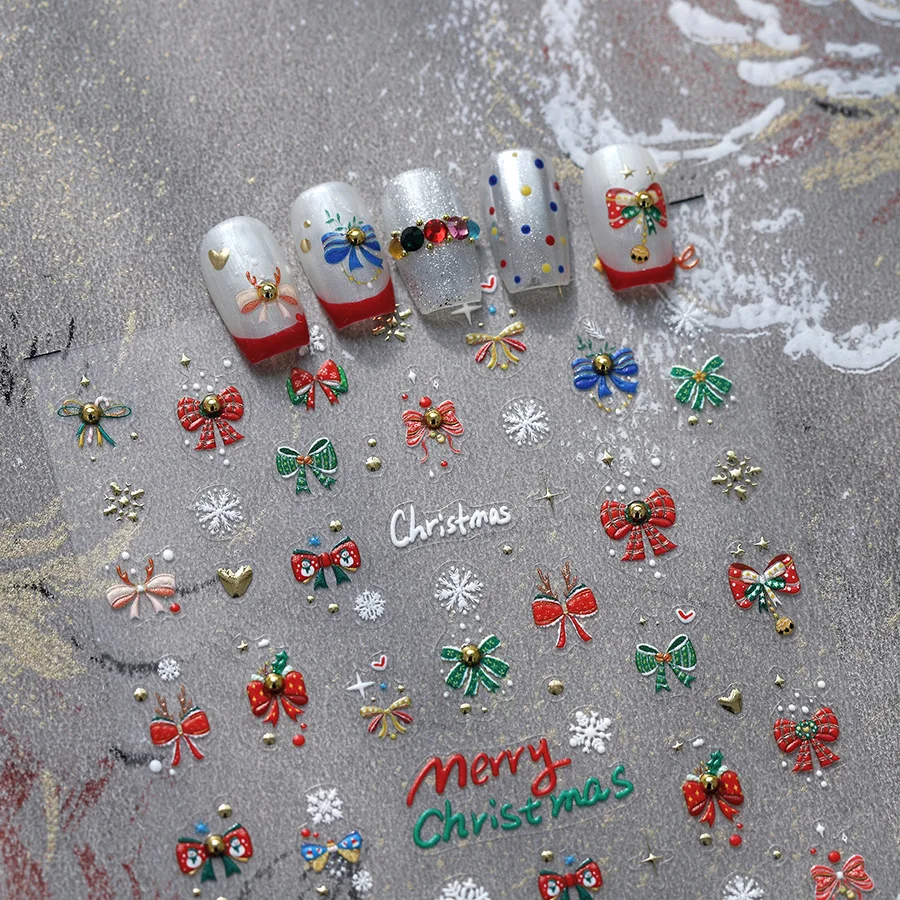 5D Relief Blue Green Red Ribbon Snowflake Bell Adhesive Nail Art Stickers Decals Manicure Merry Christmas Metallic Love Charms