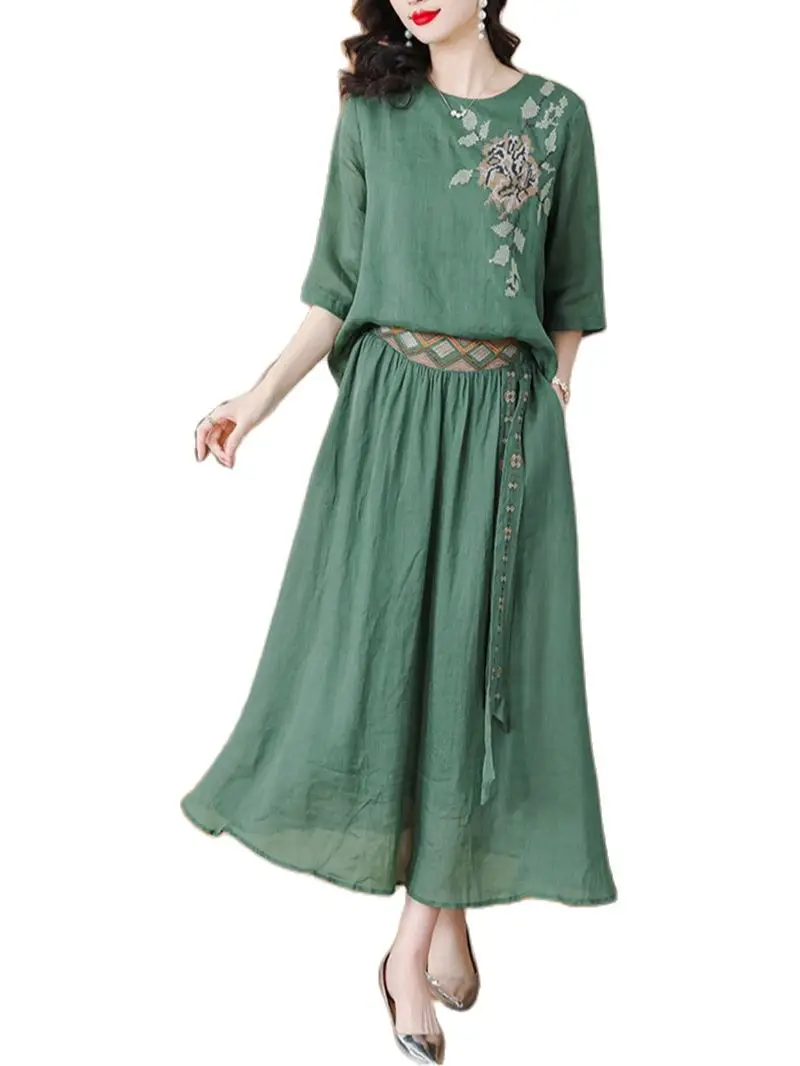 Chinese Embroidery Ramie Top Two Piece Set Summer Outfits For Women 2023 Elegant Literature Art Cotton Linen Skirt Suit C057