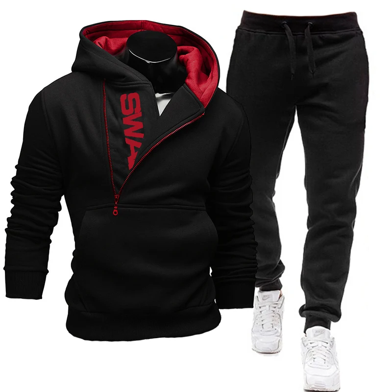 

Spring Autumn Men's Sweatshirt Suit Letter Printed Zipper Pockets Hoodie+Drawstring Sweatpants Fashion Male 2Pcs Set