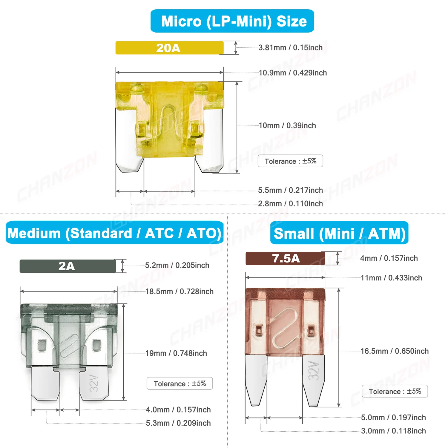 Car Auto Blade Fuse Kit LP Mini Micro ATC ATO ATM 5A 7.5A 10A 15A 20A 25A 30A Automotive Assortment Set for Rv Vehicle