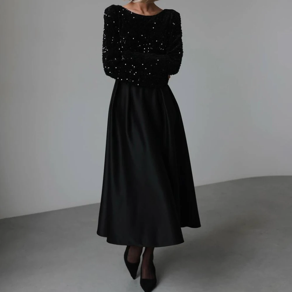 

Customized A-line Evening Dresses Tea-length Scoop-neck Full Sleeve Prom Gown Fashion Sequined Backless Bow Draped Party Gown