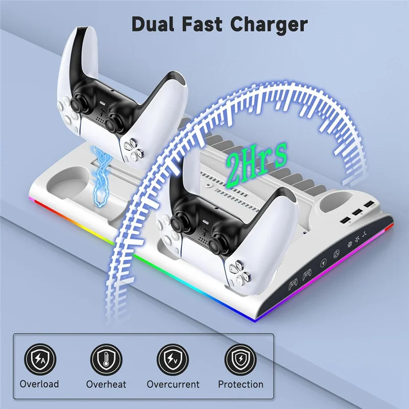

Y58A Charging Stand, Multifunctional LED Cooling Stand With Charging Station, 2 Controllers For PS5 PS5 SLIM Console