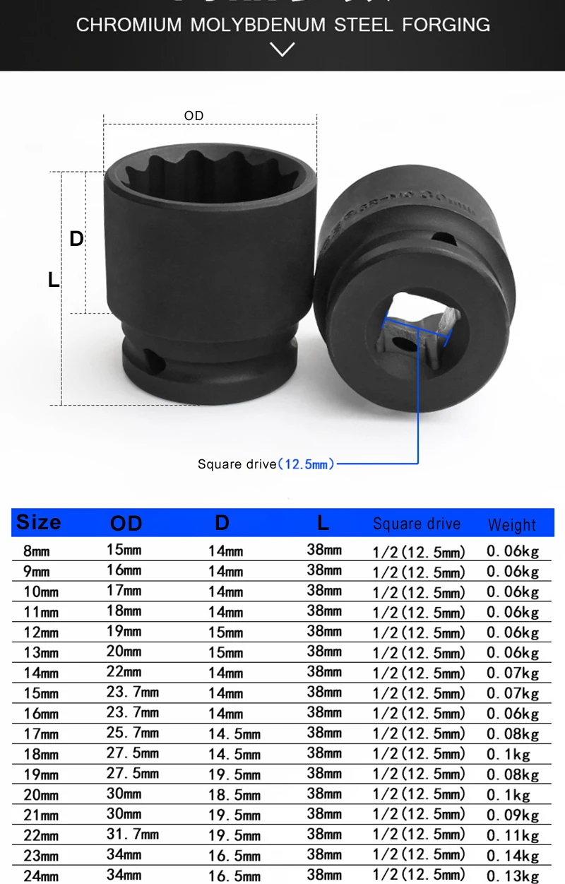 Imagem -05 - Conjunto 12.5 mm Curto Impacto 12 Pontos Ameixa Flor ar Soquetes Cabeça 38 mm Longo Cr-mo Pneumático Soquete Conjunto 824 mm l Chave 10 Pcs