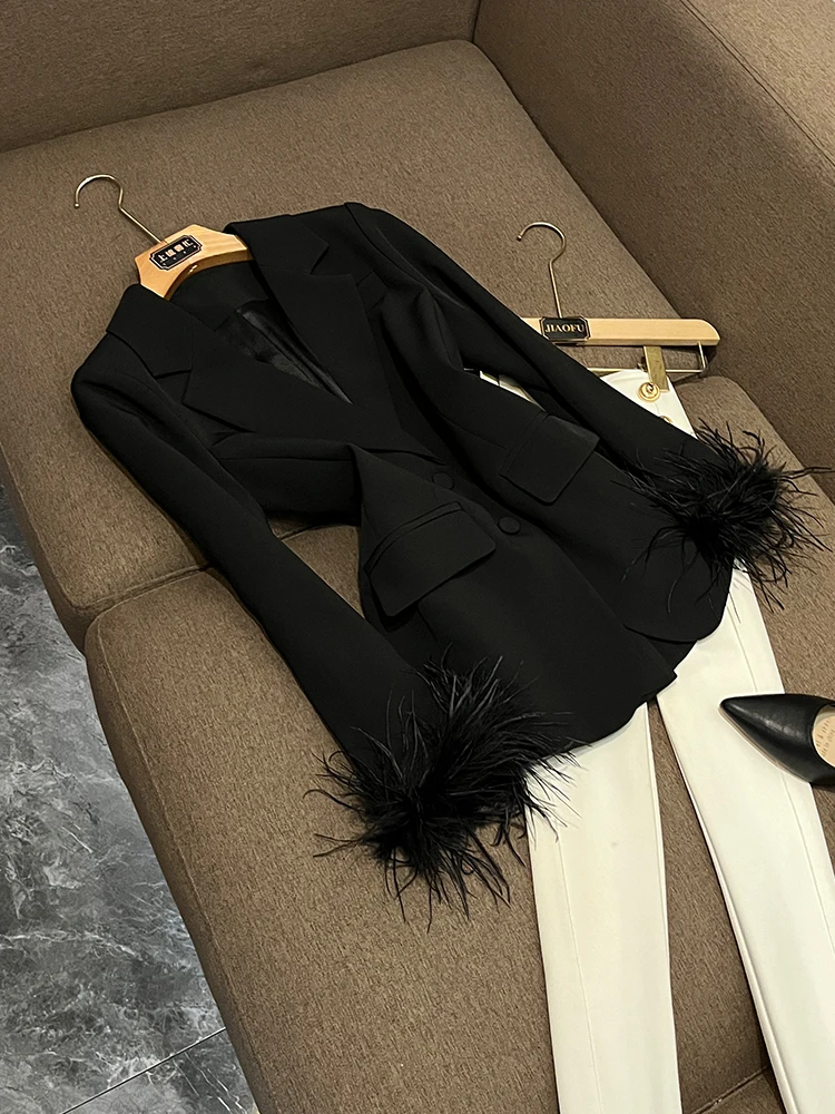 

Новый дизайн, свободный костюм со страусиными перьями, женский костюм Bla Long Sve Commute Sle WY090, верхняя одежда Ele Profional