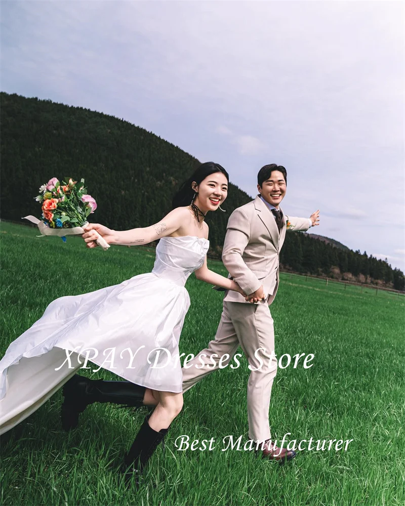 

XPAY Sexy Strapless White Short Front Long Back Wedding Dresses Korea Photo shoot High low Country Bride Gowns Corset Customized