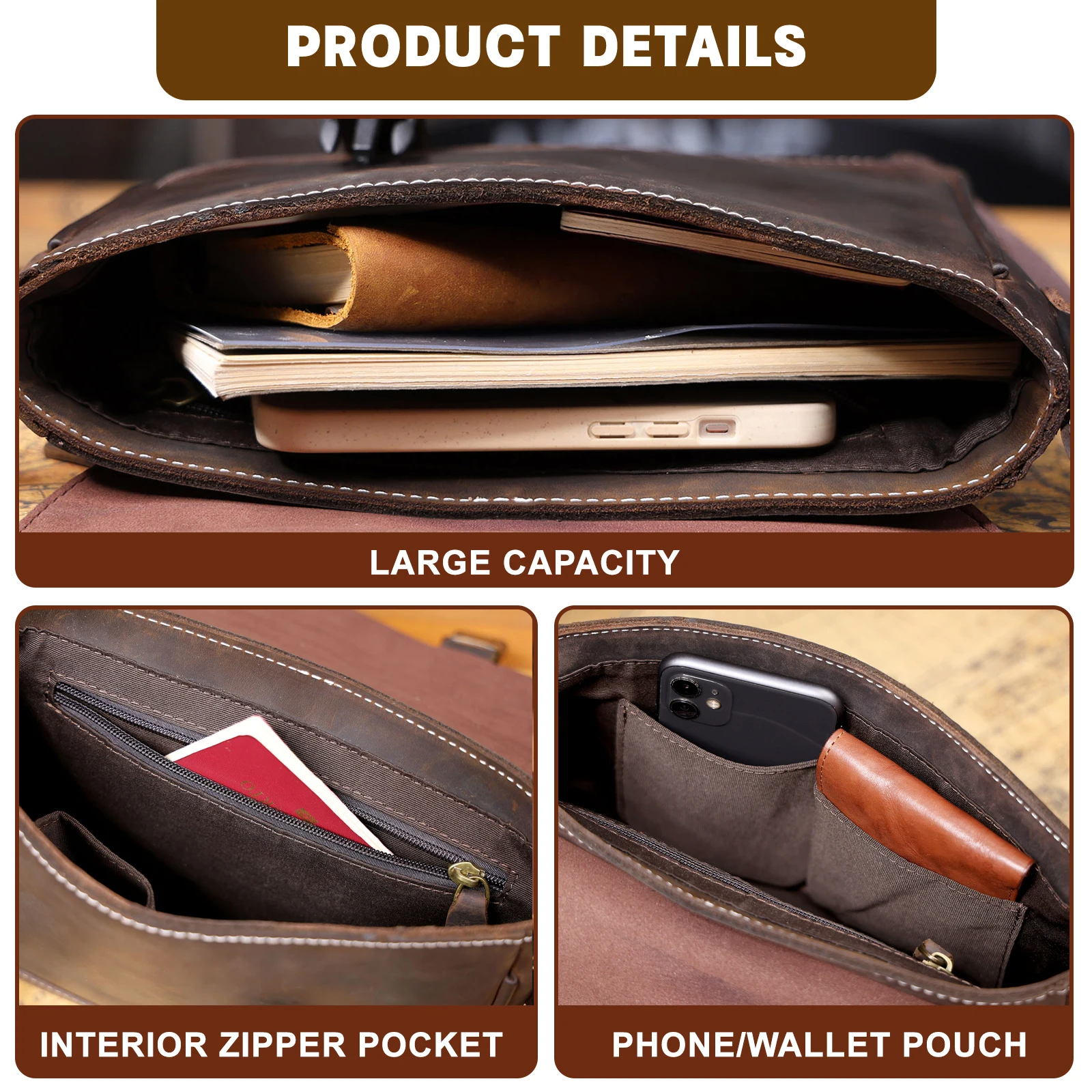 S.WORKER Vintage Echtleder Herren-Umhängetasche, Lässige Crossbody-Tasche, Crazy Horse Leder Schultertasche, Handgefertigt – Detail 12