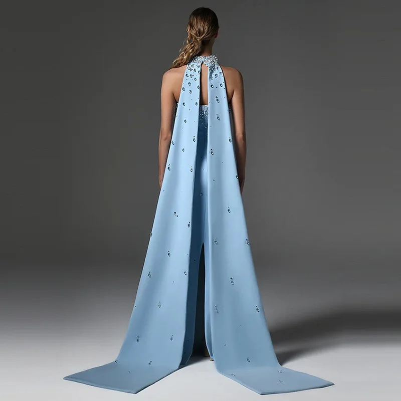 HIGH QUALITY Newest 2026 Designer Fashion Women's Party Gown With Detachable Cape Diamonds Beaded Embellishments Long Dress