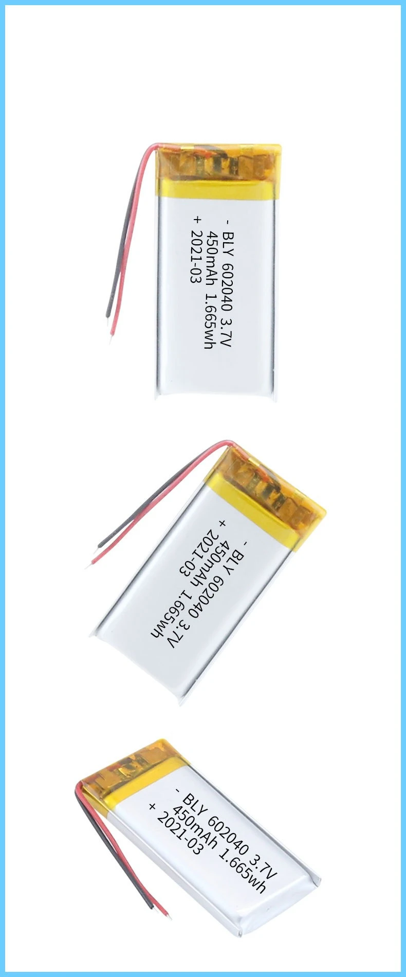 602040 450mAh 3.7V Lithium Battery for Mobile Lighting Beauty Equipment Electronic Scales Medical Devices Rechargeable Battery