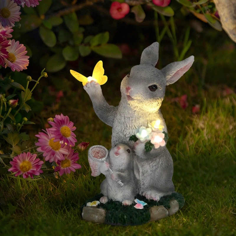 Glow-in-the-dark Butterfly and Rabbit Figurines Solar-powered Outdoor Lights Garden Decorations Animal Statues Desk Decoration