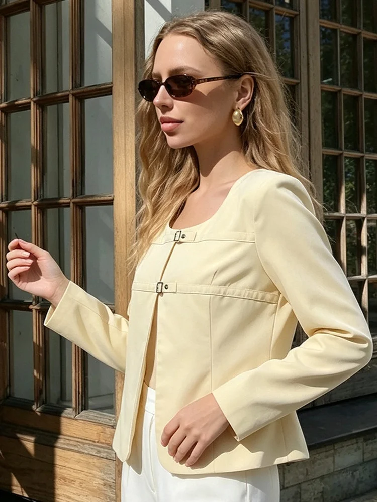Tossy Square Neck Blazer Cropped Long Sleeve Metal Buckle Slim Fit Solid Color Autumn Office Casual Structured Shoulder Blazer