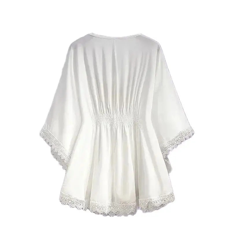 Koszula Top Damska Lato 2025 Nowa Moda Wypoczynek Styl Narodowy Szyfonowa Koszula Vintage Luźna Sznurek do Ściągania Nadruk Odzież Wierzchnia Damska