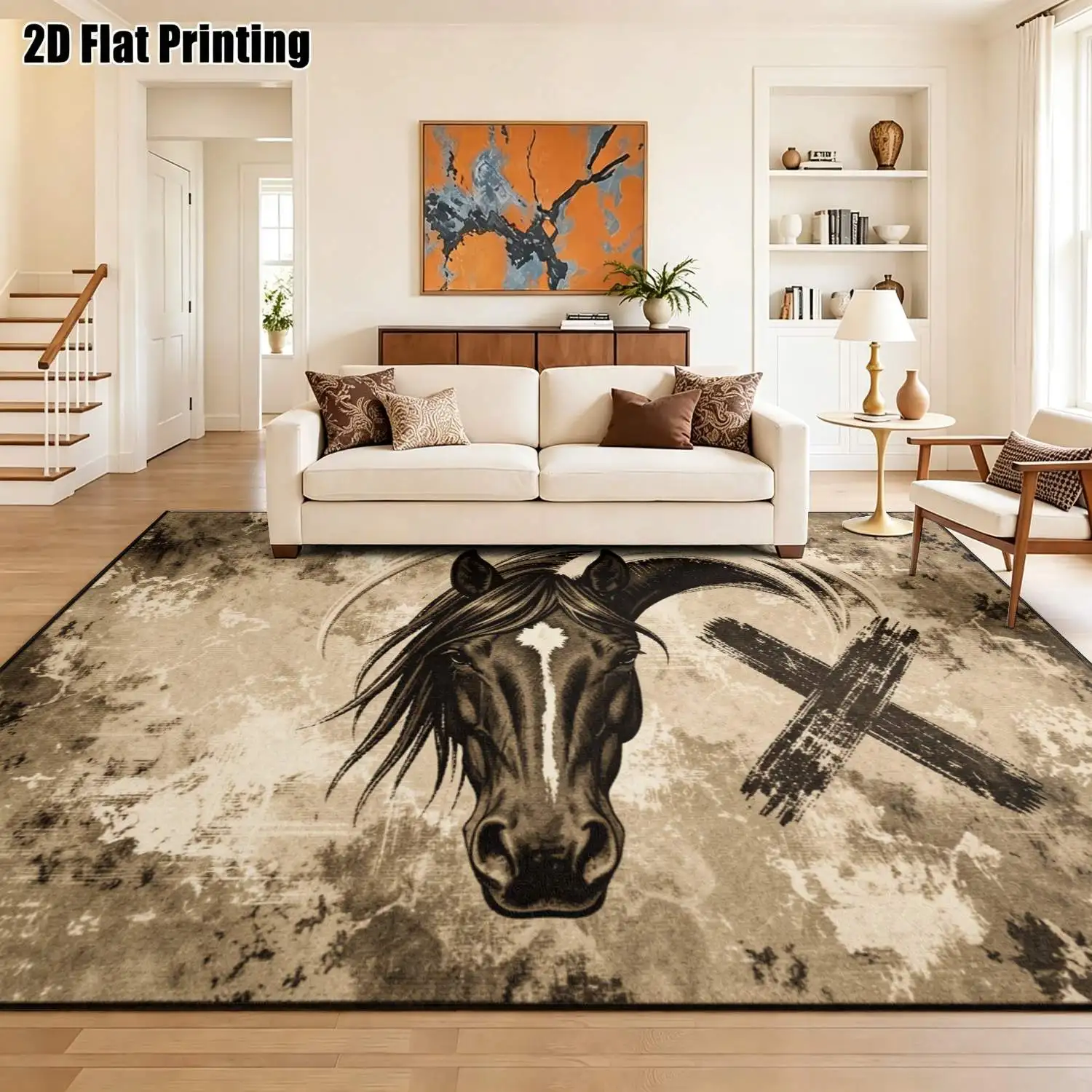 1Pc 2D Printed Retro Horse Head Pattern Carpet: European, Bohemian, Geometric Styles, Home Decor, Multiple Sizes, Machine Washable, Ideal for Entryway, Dining Room, Foyer, Bedroom, Living Room