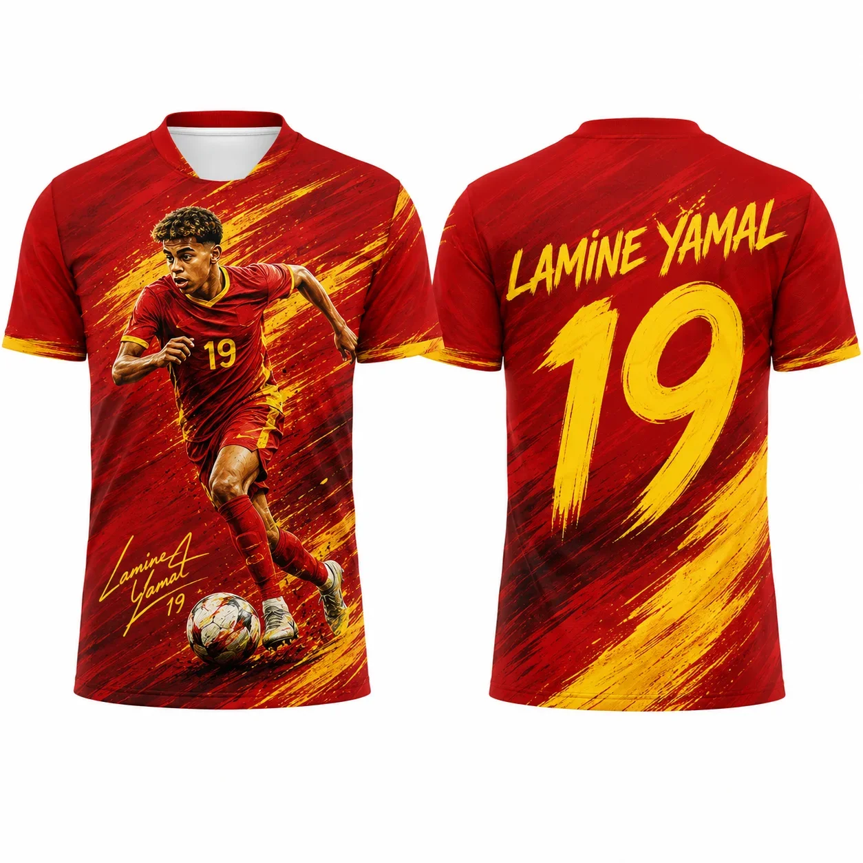 Yamal No.19 Spain Brush Stroke Print Soccer Fans Jersey For Boys Quick Dry Breathable Training Football Short Sleeve Top