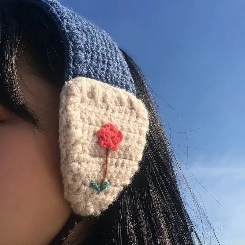 Knitted Flowers Earmuffs Women Warm Headphones Japanese Vintage Embroidered Patchwork Wool Ear Muffs Female\'s Winter Earmuffs