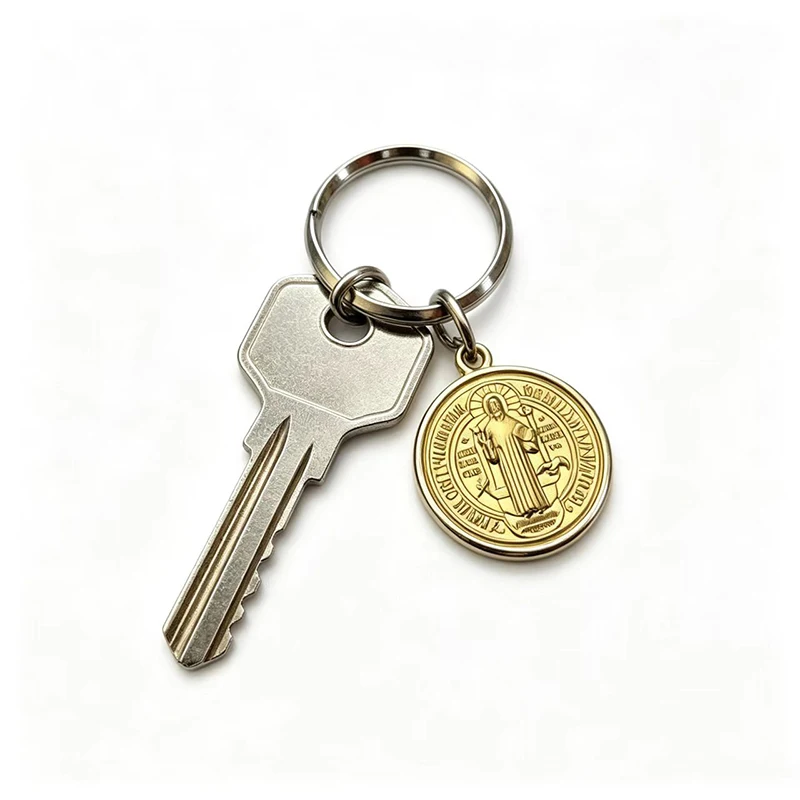 Gold Silver Plated St Benedict Medal Keychain Religious Charm for Christian Faith Protection Car Keys Bags and Backpacks Decor