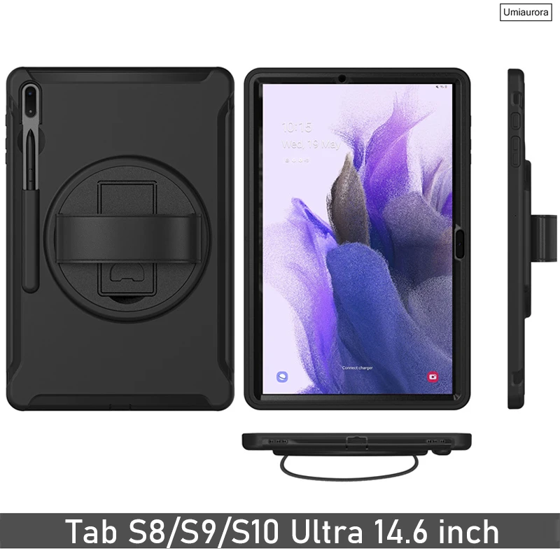 For Samsung Tab S8 S9 S10 Ultra 14.6 inch SM-X920 SM-X910 SM-X900 Rotation Hand Strap Stand Tablet Case Shockproof Armor Funda
