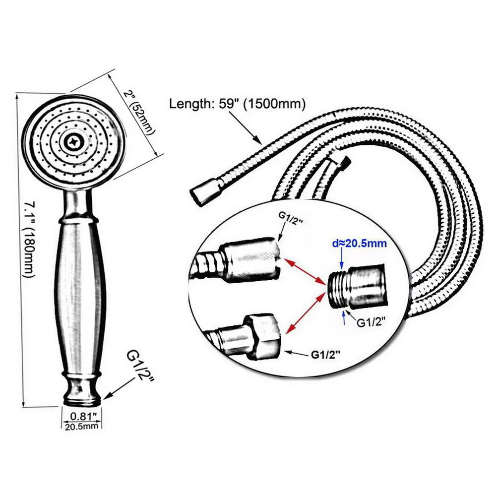 1.5m Polished Chrome Brass Flexible Bathroom Hand Held Shower Hose and Telephone Style Hand Held Shower Head mhh023
