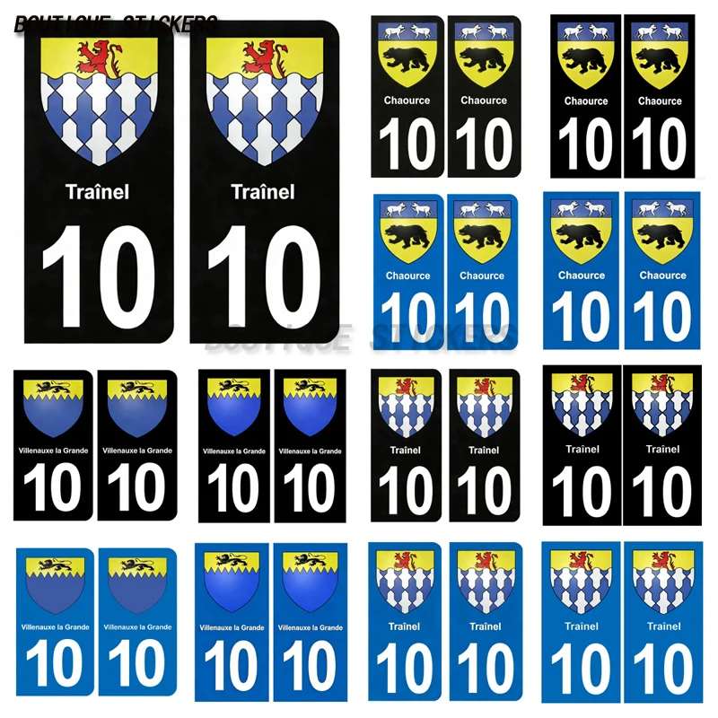 

2Pcs Fine plaque d'immatriculation française autocollant noir bleu10 Chaource Traînel Villenauxe-la-Grande blason ville