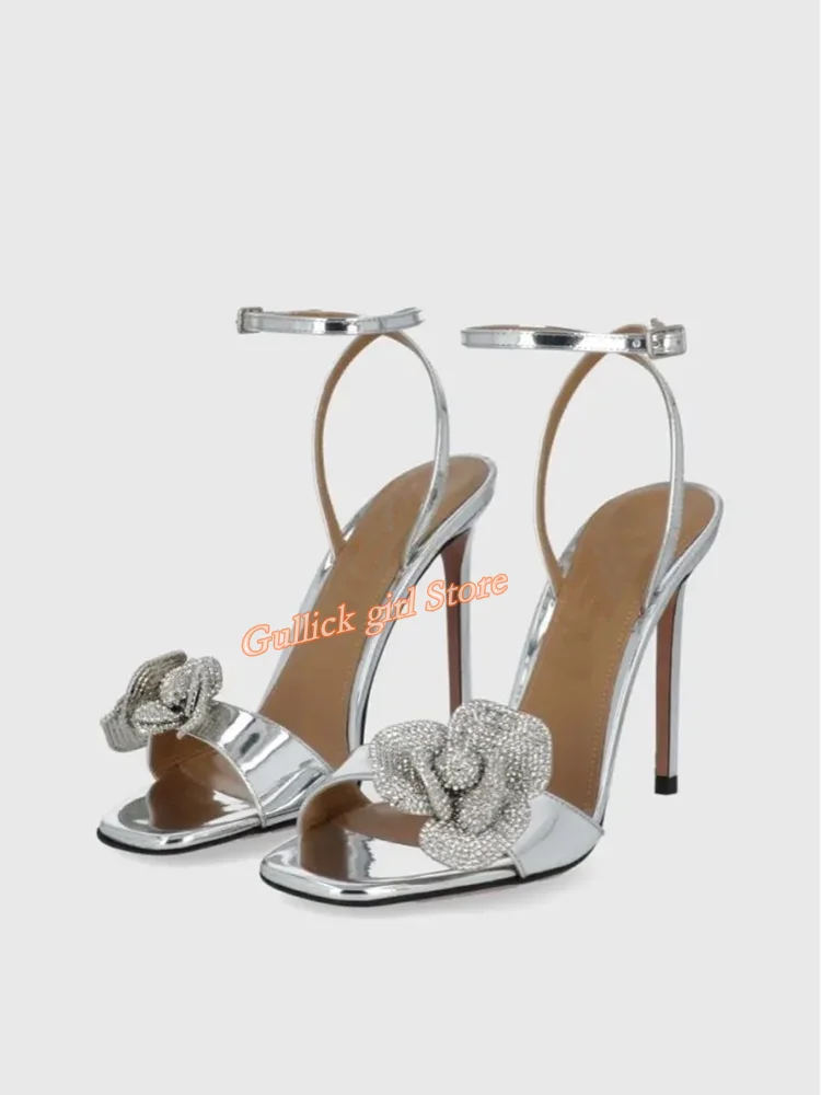 Silver Crystal Flower Sandals Stiletto Thin High Heel Square Toe Metallic Fashion 2024 New Arrivals Dress Shoes