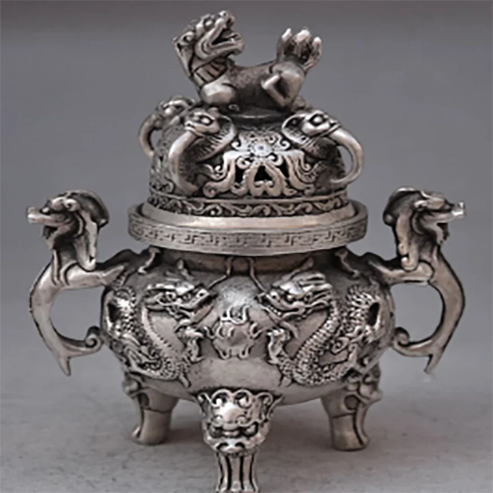 

+Chinese buddhist manual old silver copper dragon lion statues incense burner