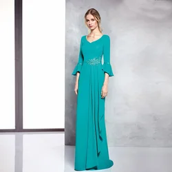 Elegant Mother of the Bride Dresses V Neck 3/4 Sleeves Floor Length Wedding Party Dress Appliques Pleat A-Line فساتين السهرة