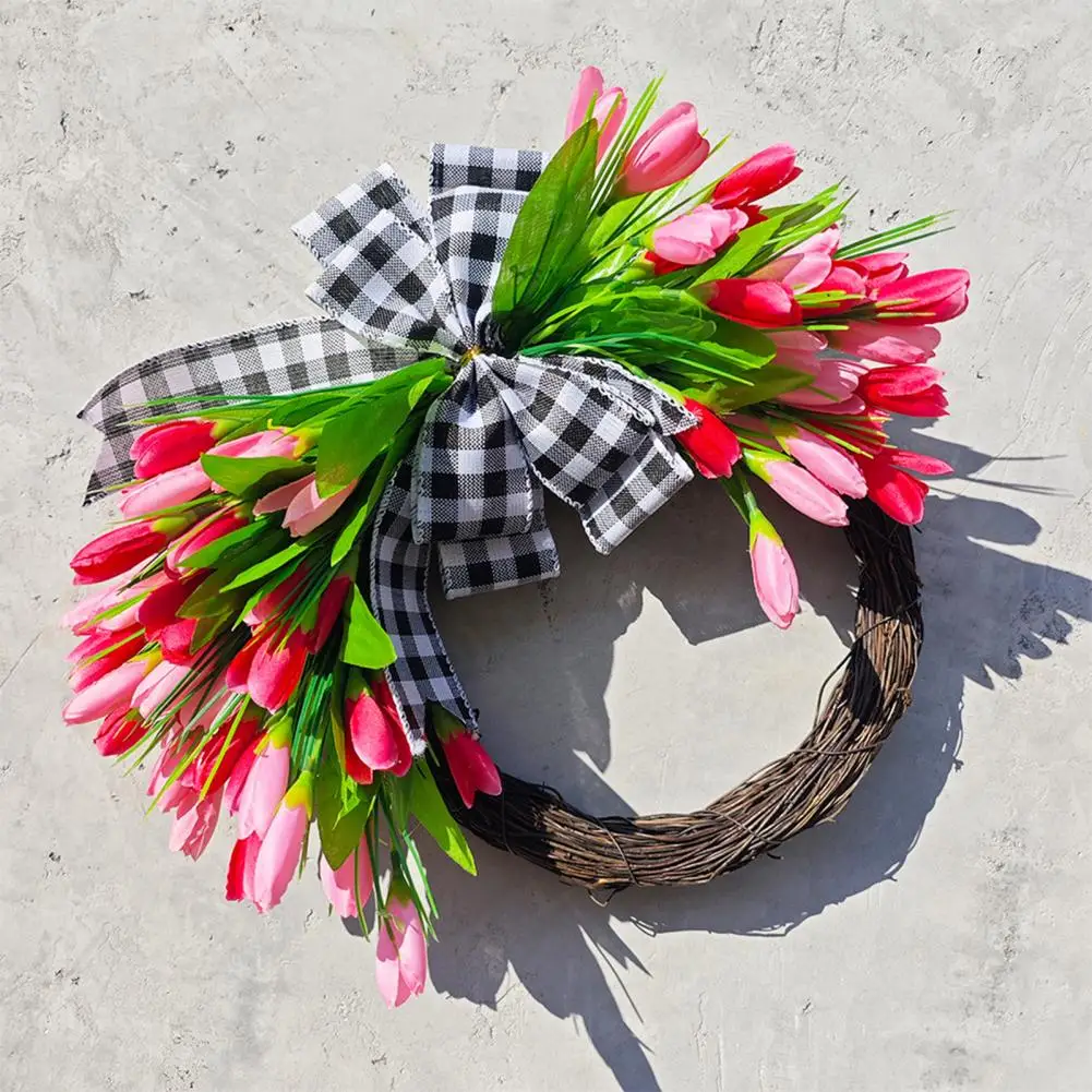 Wreath Home Decor Artificial Door Wreath Spring Floral Plaid Bowknot Door Wreath for Home Decor Garden Ornaments