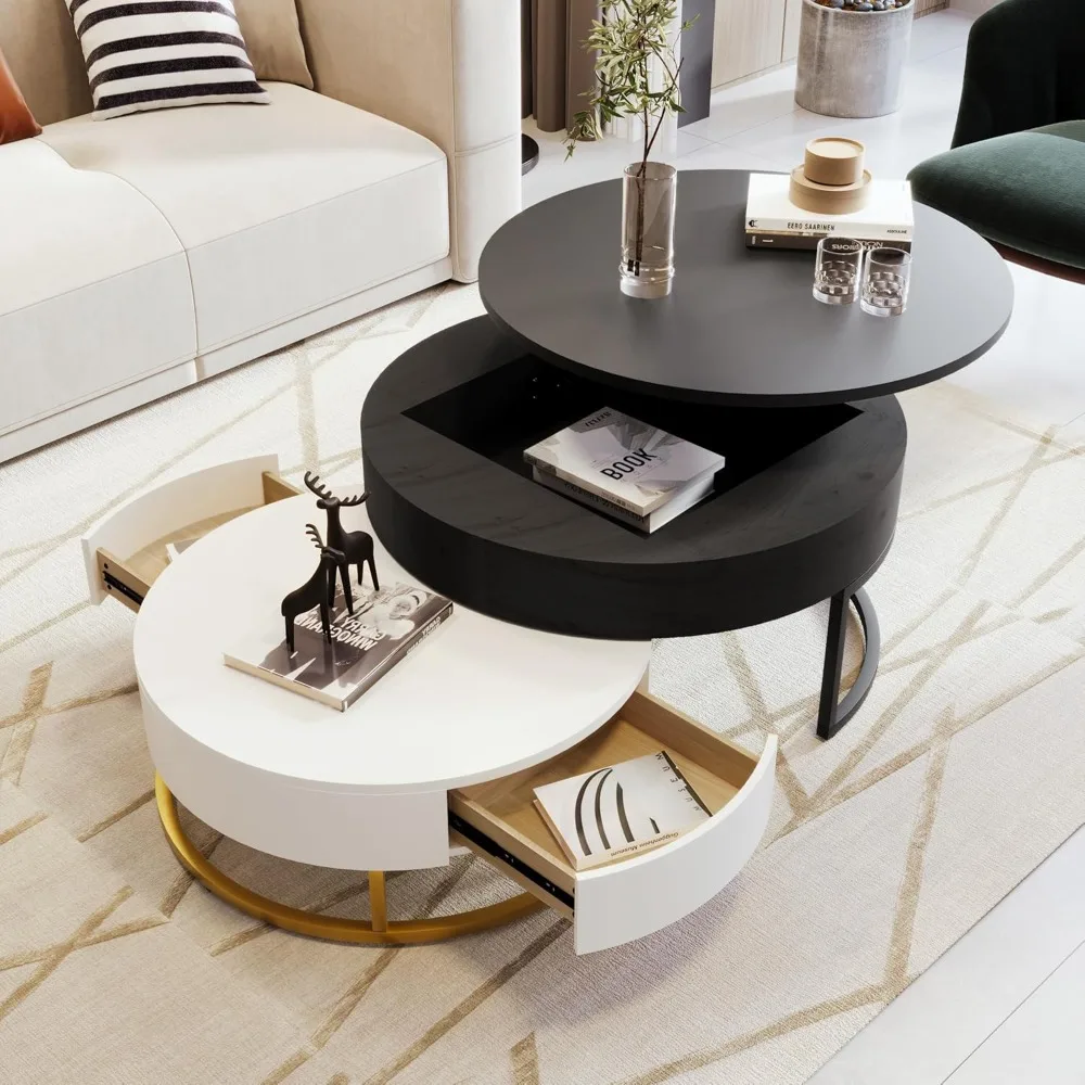 Modern Round Lift-top Nesting Coffee Tables with 2 Drawers for Living Room White & Black