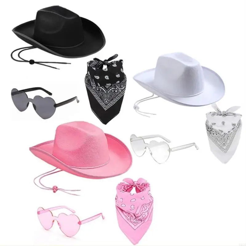 

Y55F Fashion Cowgirl Hat Women Costume Hat Sunglasses & Scarf Set Female Accessories