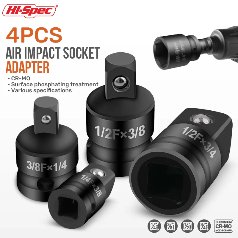 Hi-Spec 4-teiliges Luftschlagschraubenschlüssel-Adapter-Set CR-MO 1/2 3/8 1/4 Antrieb Auf- und Abstufungshülsen Ratschenschlüssel-Werkzeugsatz