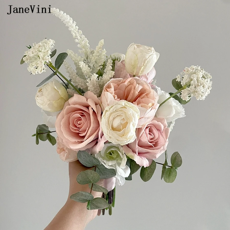 

JaneVini 2024 Vintage Dusty Pink Brides Hand Bouquets Artificial Eucalyptus Silk Roses Korean Style Bridal Flowers for Wedding