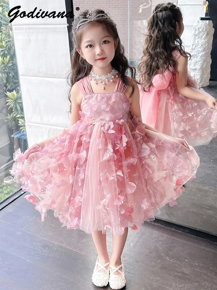 Sweet Baby Girls Lolita Princess Tutu Dress New Summer Floral Fairy Spaghetti Strap Tulle Birthday Party Performance Ball Gown