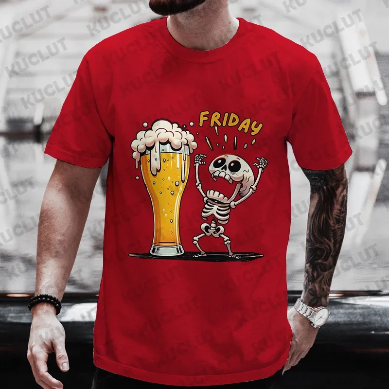 Men\'s T Shirt Skeleton Enjoying FRIDAY Beer Day Tees Men T-Shirt Finally Friday for Beer Lovers Male Clothes Short Sleeve Tops