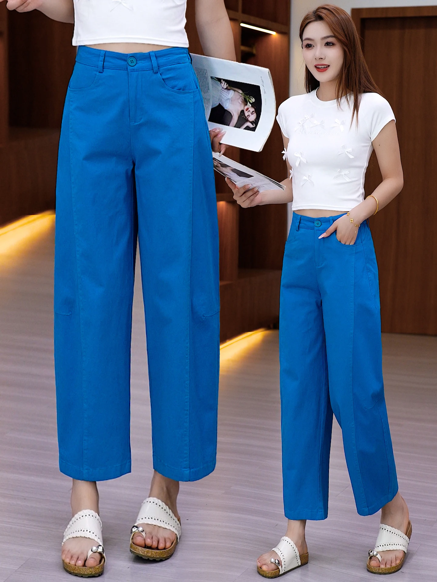 

High Waist Wide Leg Scythe Pants Women's Summer Thin New Fashion Casual Nine Points Scythe Pants Dream Wisdom Elegant Cotton ...