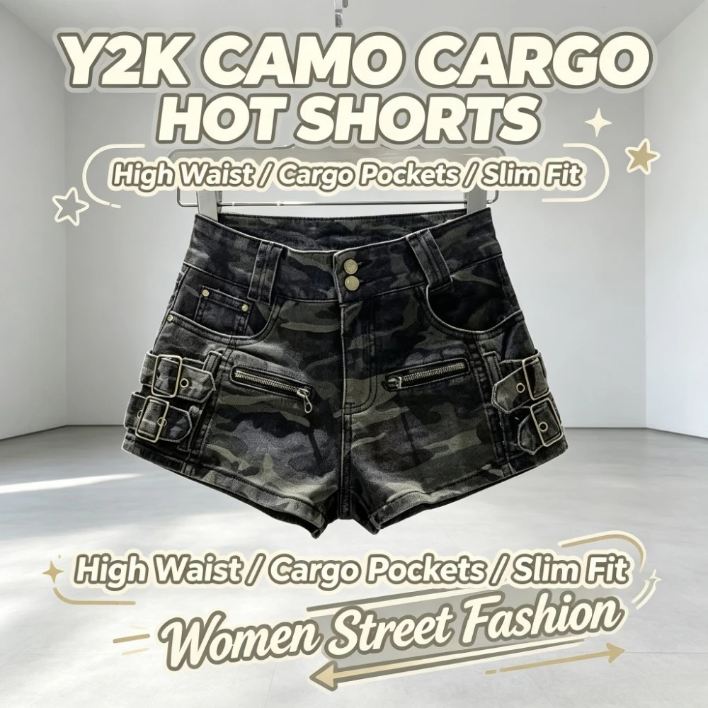 Summer Women American High Street Camo Cargo Denim Shorts High Waist Hip Lifting Buckle Zipper Casual Hot Pants  Y2k Clothes