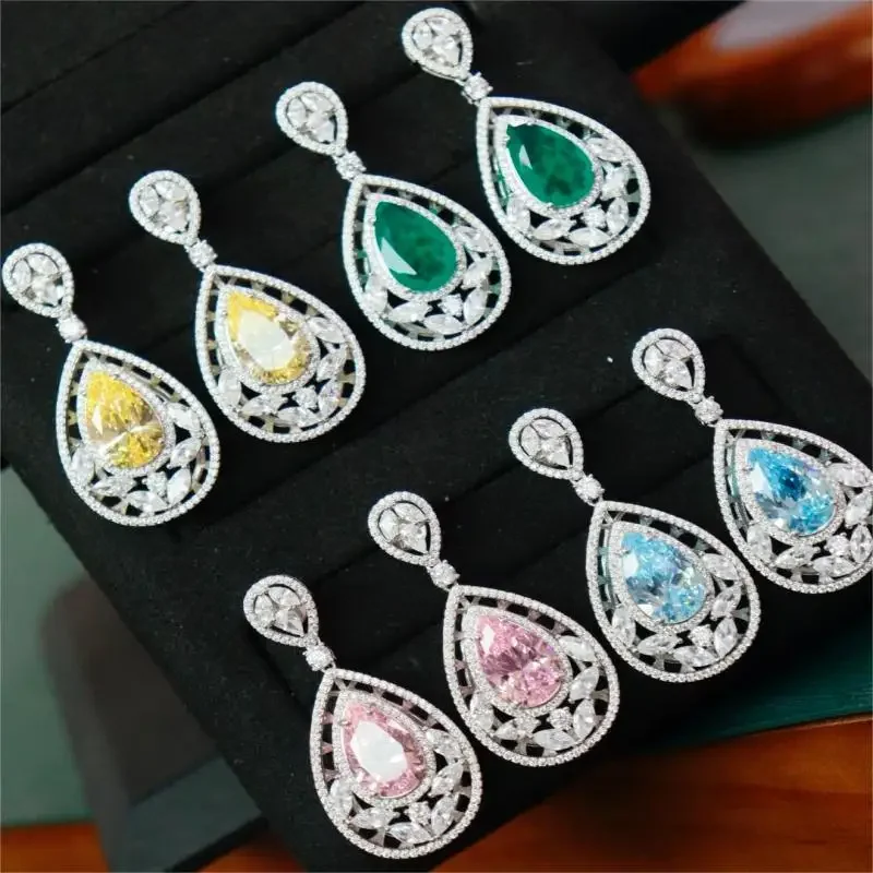 

RUIF New Classic S925 Silver Pear Shape Green Blue Pink Yellow Zircon Earrings Women Jewelry Ladies Party Gift